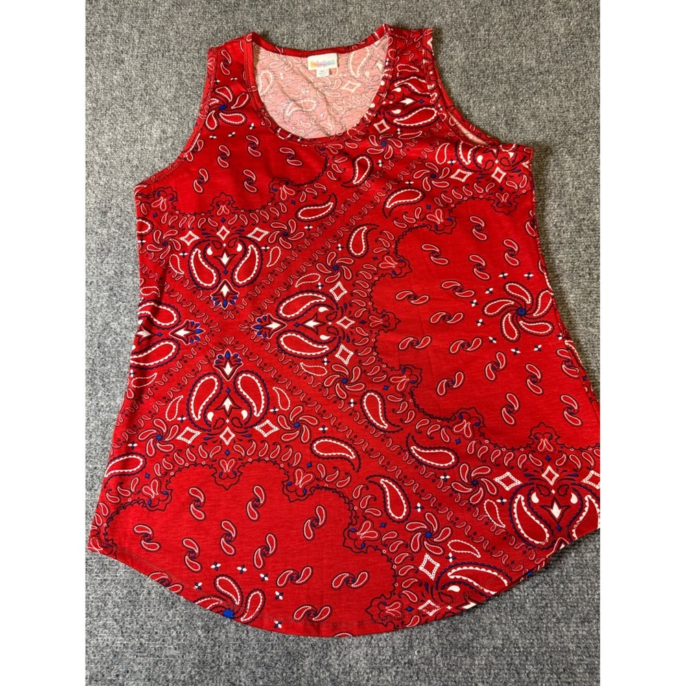 LuLaRoe Red Paisley Bandana Print Sleeveless Tank Top XL Curved Hem Stretch